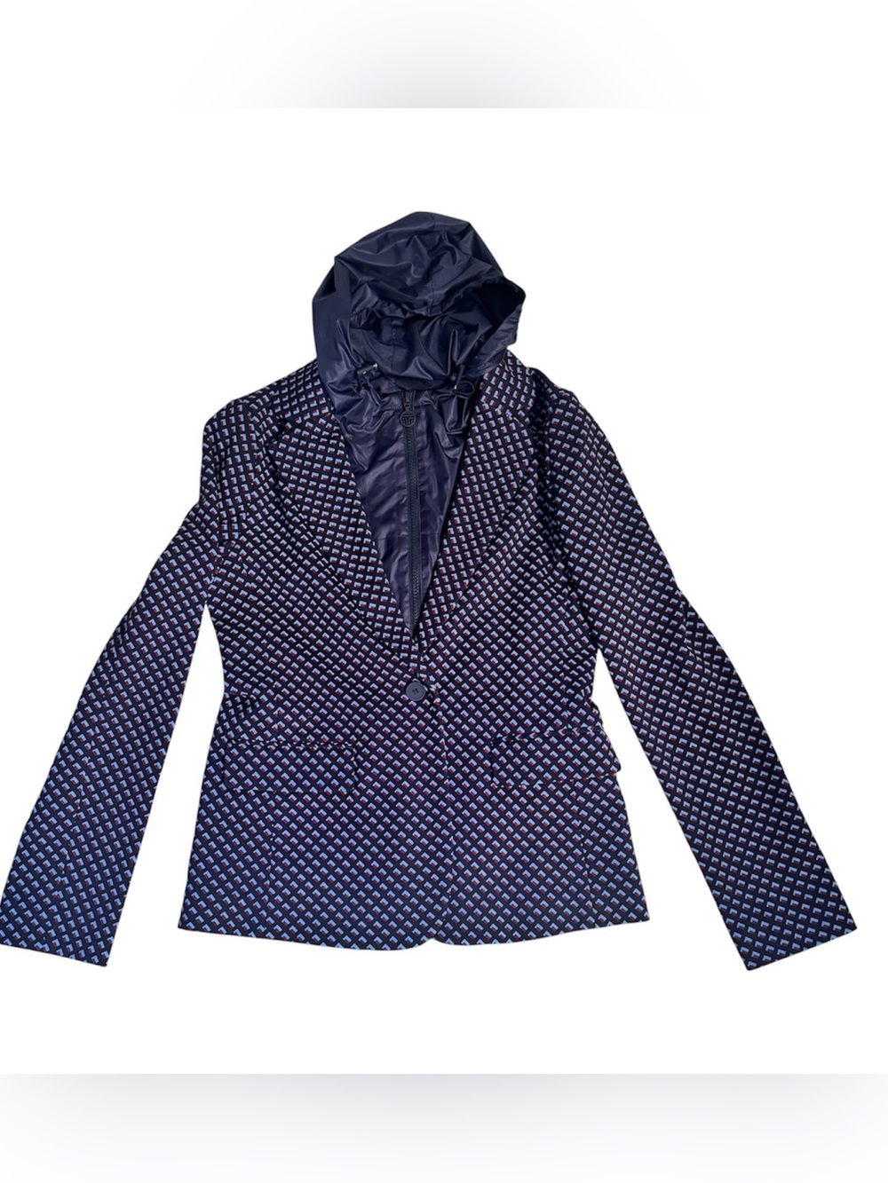 Tory Burch Sport Dickey hood raincoat navy pattern button zip blazer jacket Sz S